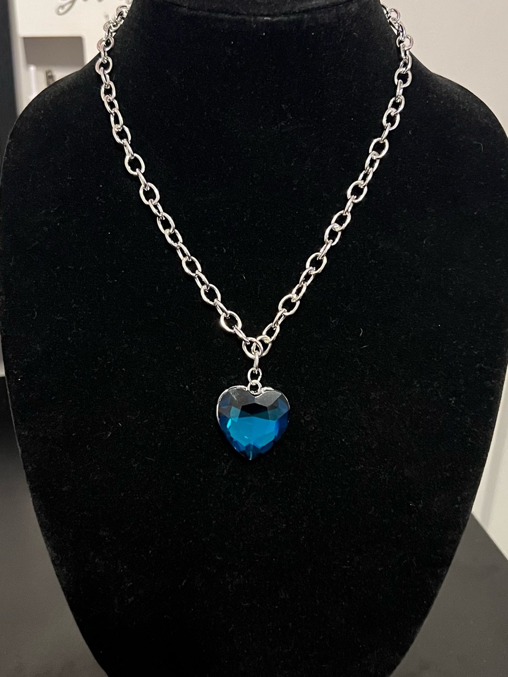 Silver Chain Necklace with Blue Heart Crystal Pendant